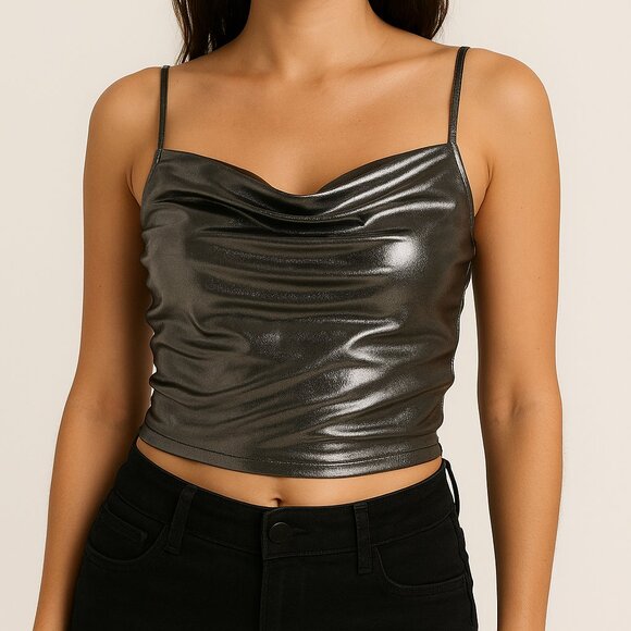 Cider Tops - Cider Metallic Silver Crop Blouse XS Adjustable Straps